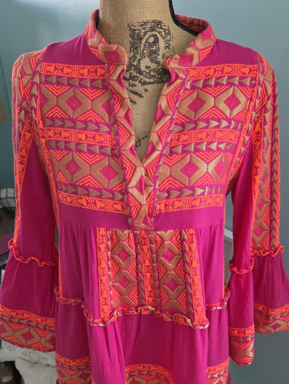 Lace The Label Fuchsia & Orange Geometric Embroidered Boho Mini Dress M EUC - Picture 2 of 15